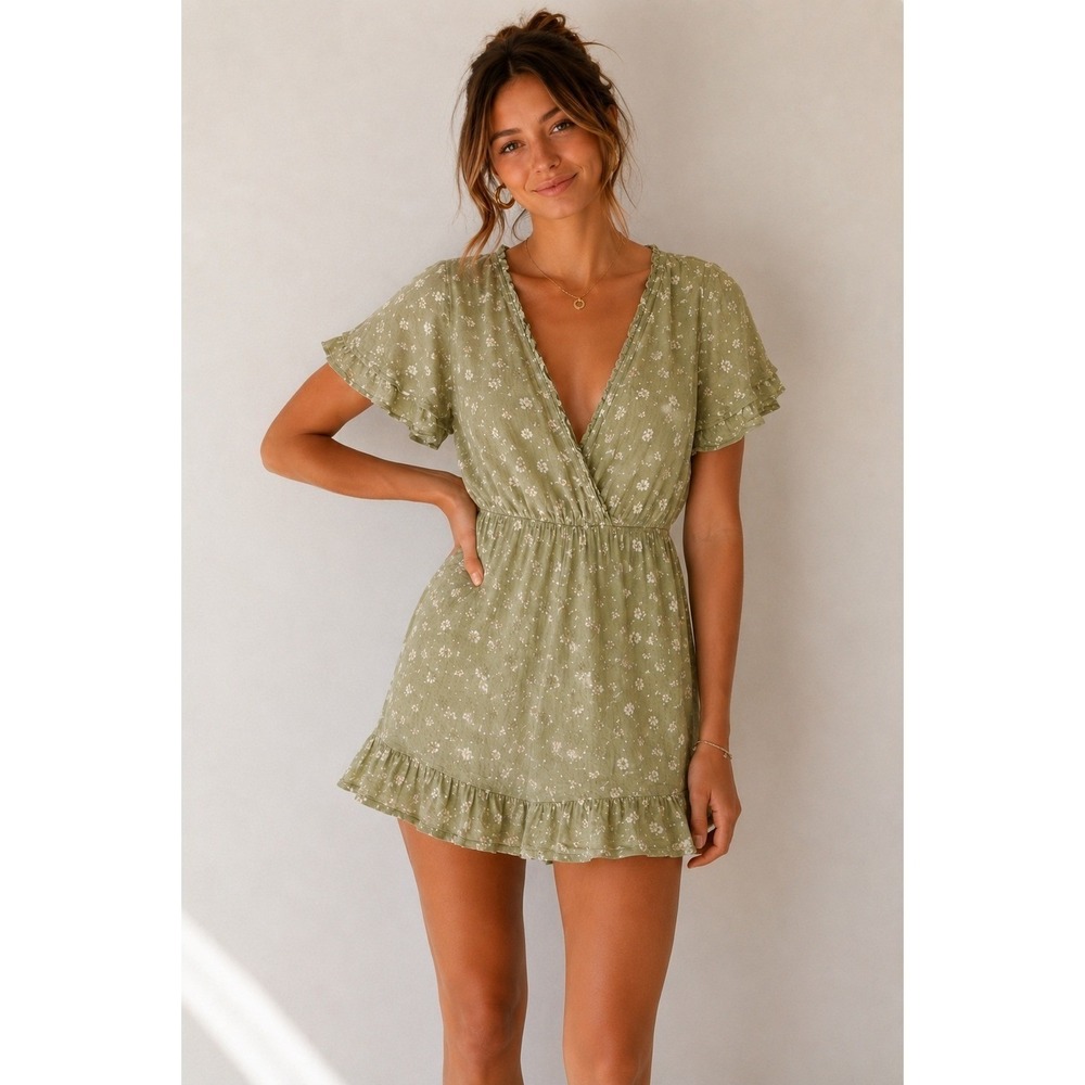 Billabong x The Salty Blonde Sage Green Floral Ruffle Dress Small Daisy Print